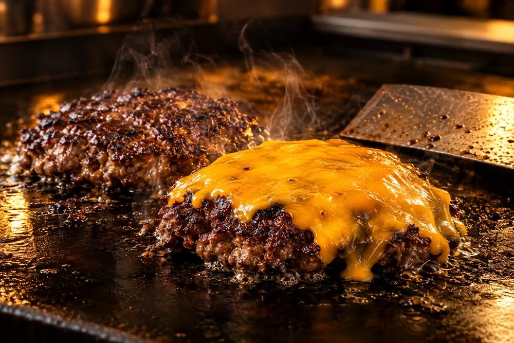 Carnes smash com cheddar derretendo sobre uma chapa quente, imagem gerada para o projeto